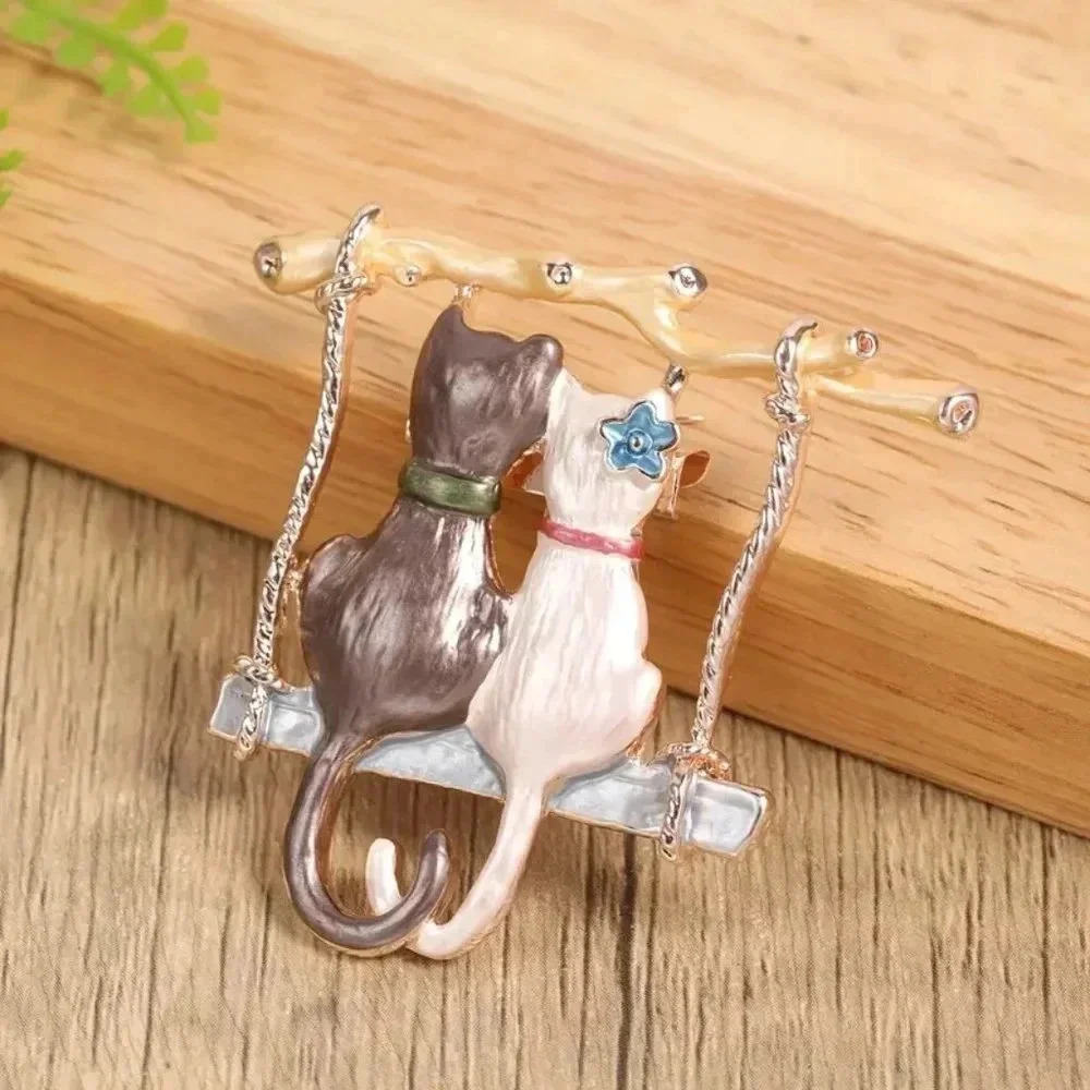 Twin Kitty Cats and Wooden Swing Unique Pretty Fashion Brooch Pin